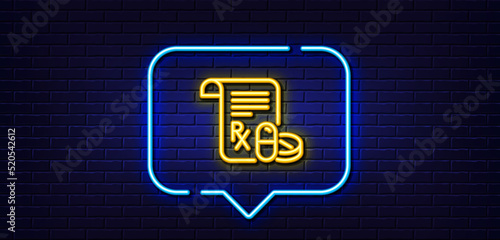 Neon light speech bubble. Medical prescription line icon. Medicine pills sign. Pharmacy medication symbol. Neon light background. Medical prescription glow line. Brick wall banner. Vector