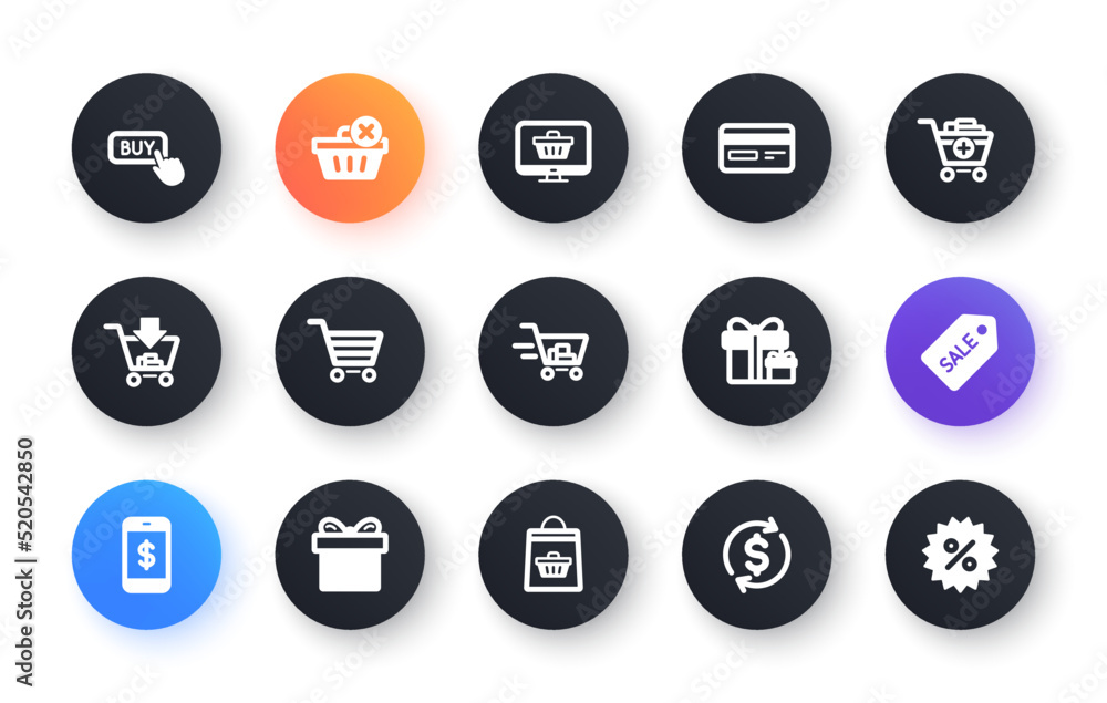 Shopping bag icons. Gift, Present and Sale discount. Delivery classic icon set. Circle web buttons. Vector