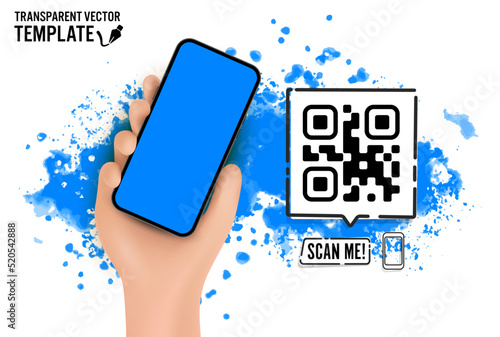 Vector cartoon hand holding the black smartphone with a QR code scanner me on screen and modern frameless design two positions angled and vertical - isolated on transparent background