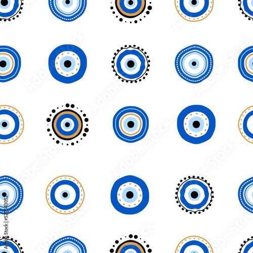 Seamless pattern with Turkish evil eye bead. Good luck. Turkish tile. Oriental ottoman design vector background. Perfect for wallpapers, pattern fills, web page backgrounds, surface textures, textile