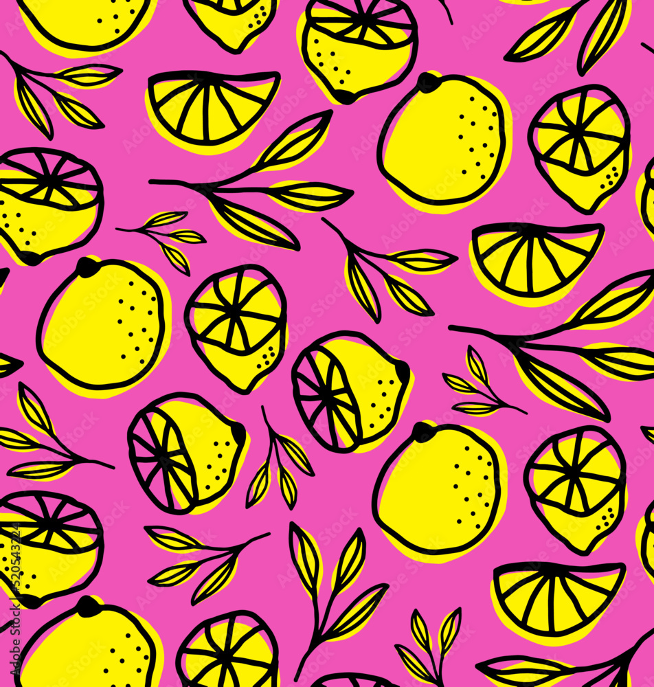 Abstract Hand Drawing Retro Lemons Slices and  Leaves Seamless Vector Pattern Isolated Background