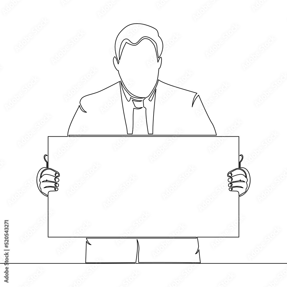 Continuous line drawing advertising businessman holding copy space blank sign icon vector illustration concept Continuous line drawing advertising businessman holding copy space blank sign icon vector illustration concept