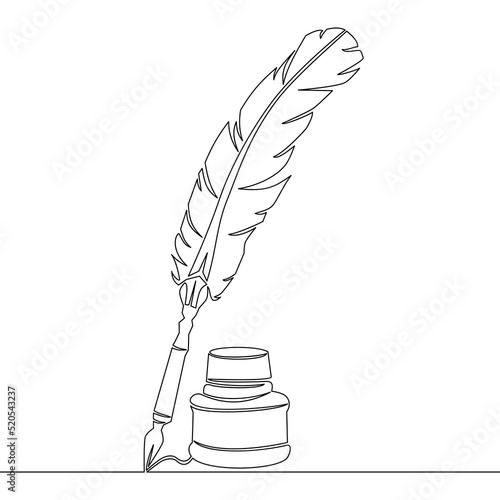Continuous line drawing Retro inkwell and feather icon vector illustration concept photo
