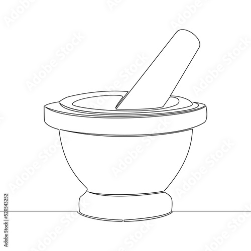 Continuous line drawing mortar and pestle vintage medicine bowl icon vector illustration concept
