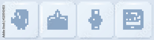 Set line Retro cinema camera, Wrist watch, Hairbrush and Picture. White square button. Vector