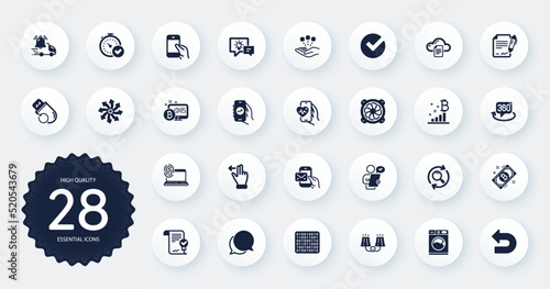 Set of Technology icons, such as Binary code, Versatile and Chat message flat icons. Delivery notification, Touchscreen gesture, Washing machine web elements. Cardio training, Undo. Vector