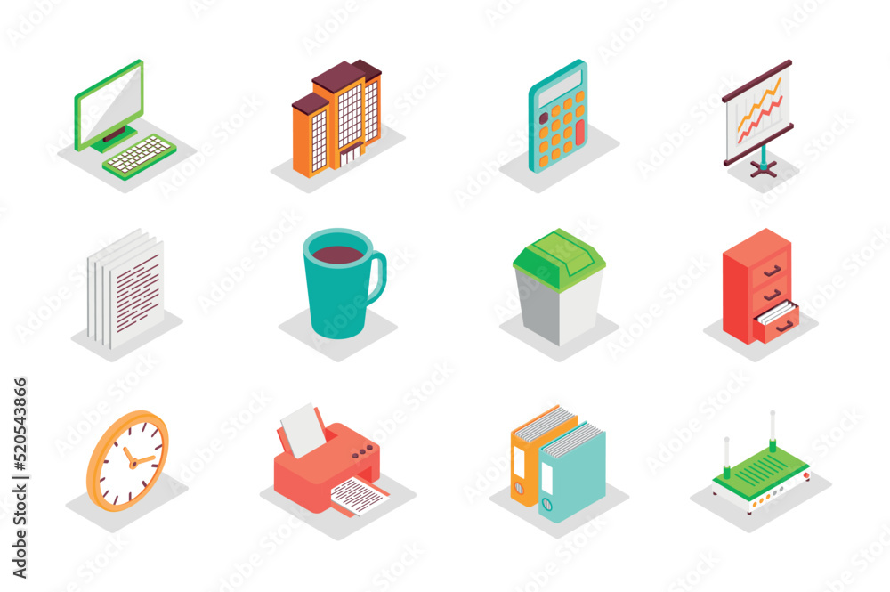 Office work concept 3d isometric icons set. Bundle elements of computer, calculator, data analysis, document, coffee cup, bin, clock, printer and other. Vector illustration in modern isometry design Office work concept 3d isometric icons set. Bundle elements of computer, calculator, data analysis, document, coffee cup, bin, clock, printer and other. Vector illustration in modern isometry design