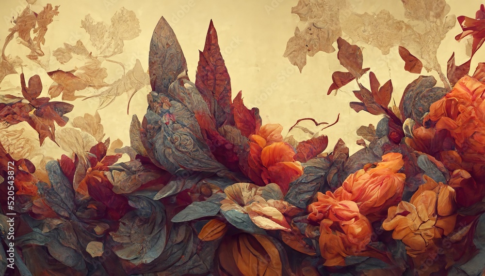 Fototapeta premium Autumn concept floral background leaves and flowers 