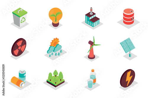 Environment concept 3d isometric icons set. Bundle elements of recycle, trash bin, green energy, factory, barrel, wind turbine, solar panel and other. Vector illustration in modern isometry design