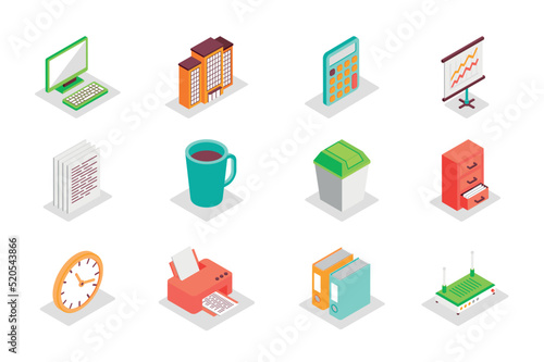 Office work concept 3d isometric icons set. Bundle elements of computer, calculator, data analysis, document, coffee cup, bin, clock, printer and other. Vector illustration in modern isometry design