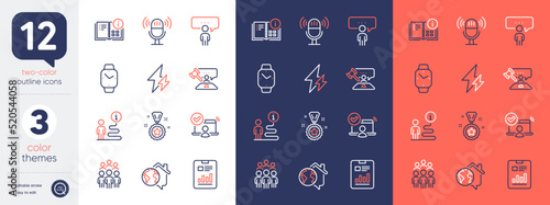 Set of Instruction info, Group people and Report document line icons. Include Winner reward, Consulting business, Electricity icons. Judge hammer, Microphone, Work home web elements. Vector