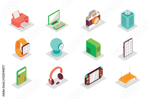 Electronics concept 3d isometric icons set. Bundle elements of printer, computer, camera, musical speaker, smart watch, tablet, calculator and other. Vector illustration in modern isometry design