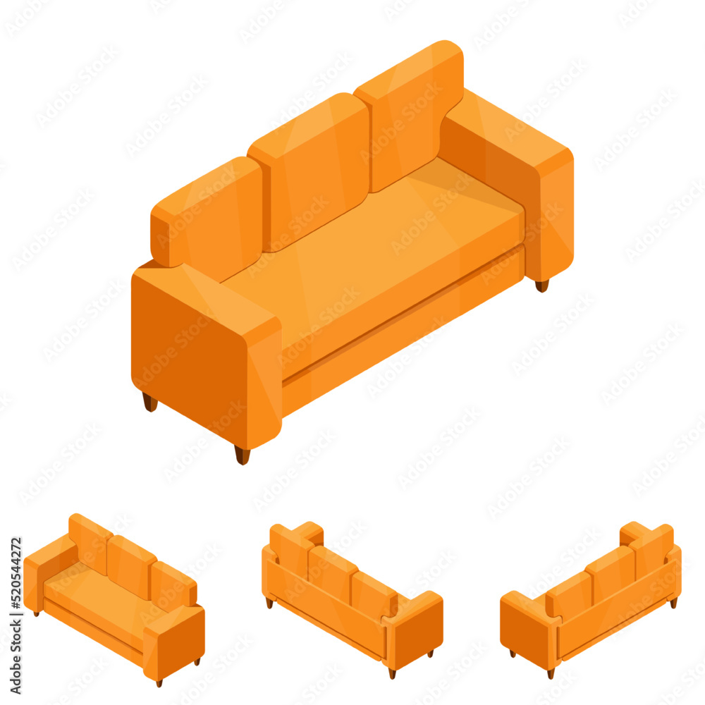 Vecteur Stock Set of sofas in isometry. New sofa in different angles in  isometric projection. 3d image of home furniture. Vector illustration in  cartoon and game style. | Adobe Stock