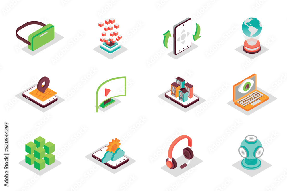 Virtual reality concept 3d isometric icons set. Bundle elements of vr headset, holographic projection, panoramic view, augmented, game gadgets and other. Vector illustration in modern isometry design Virtual reality concept 3d isometric icons set. Bundle elements of vr headset, holographic projection, panoramic view, augmented, game gadgets and other. Vector illustration in modern isometry design