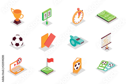 Football concept 3d isometric icons set. Bundle elements of victory cup, score, time, ball, red or orange cards, whistle, field, championship and other. Vector illustration in modern isometry design