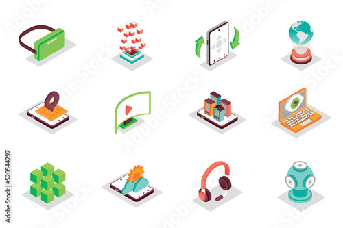 Virtual reality concept 3d isometric icons set. Bundle elements of vr headset, holographic projection, panoramic view, augmented, game gadgets and other. Vector illustration in modern isometry design