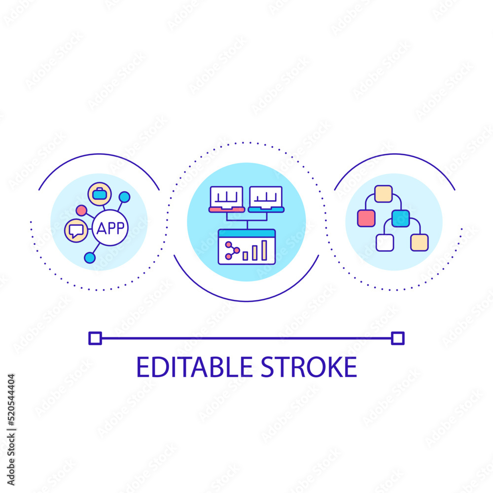 Online workplace setup loop concept icon. Remote work and telecommunication. Corporate innovation abstract idea thin line illustration. Isolated outline drawing. Editable stroke. Arial font used Online workplace setup loop concept icon. Remote work and telecommunication. Corporate innovation abstract idea thin line illustration. Isolated outline drawing. Editable stroke. Arial font used