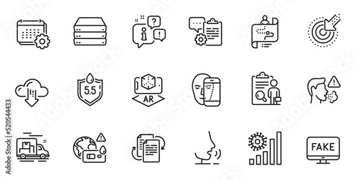 Outline set of Augmented reality, Coronavirus statistics and Face biometrics line icons for web application. Talk, information, delivery truck outline icon. Vector