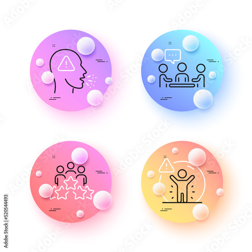 People chatting, Cough and Social distance minimal line icons. 3d spheres or balls buttons. Business meeting icons. For web, application, printing. Conference, Flu symptom, People protection. Vector