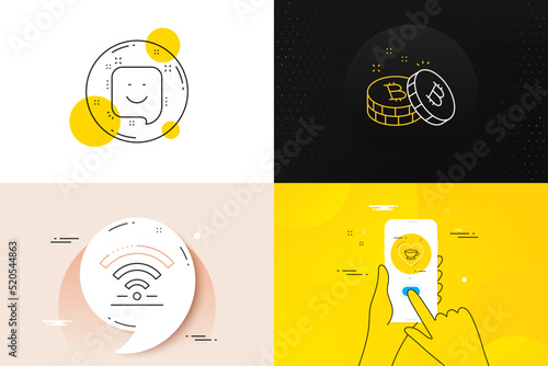Minimal set of Love coffee, Bitcoin and Wifi line icons. Phone screen, Quote banners. Smile icons. For web development. Cappuccino mug, Cryptocurrency coin, Wireless internet. Vector