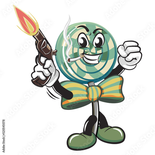 vector illustration of lollipop mascot character shooting gun fiercely while smoking