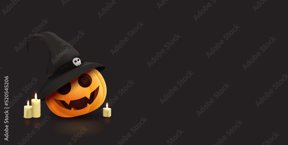 Fototapeta premium Happy halloween banner with illustration of realistic pumpkins with faces and witch hat.