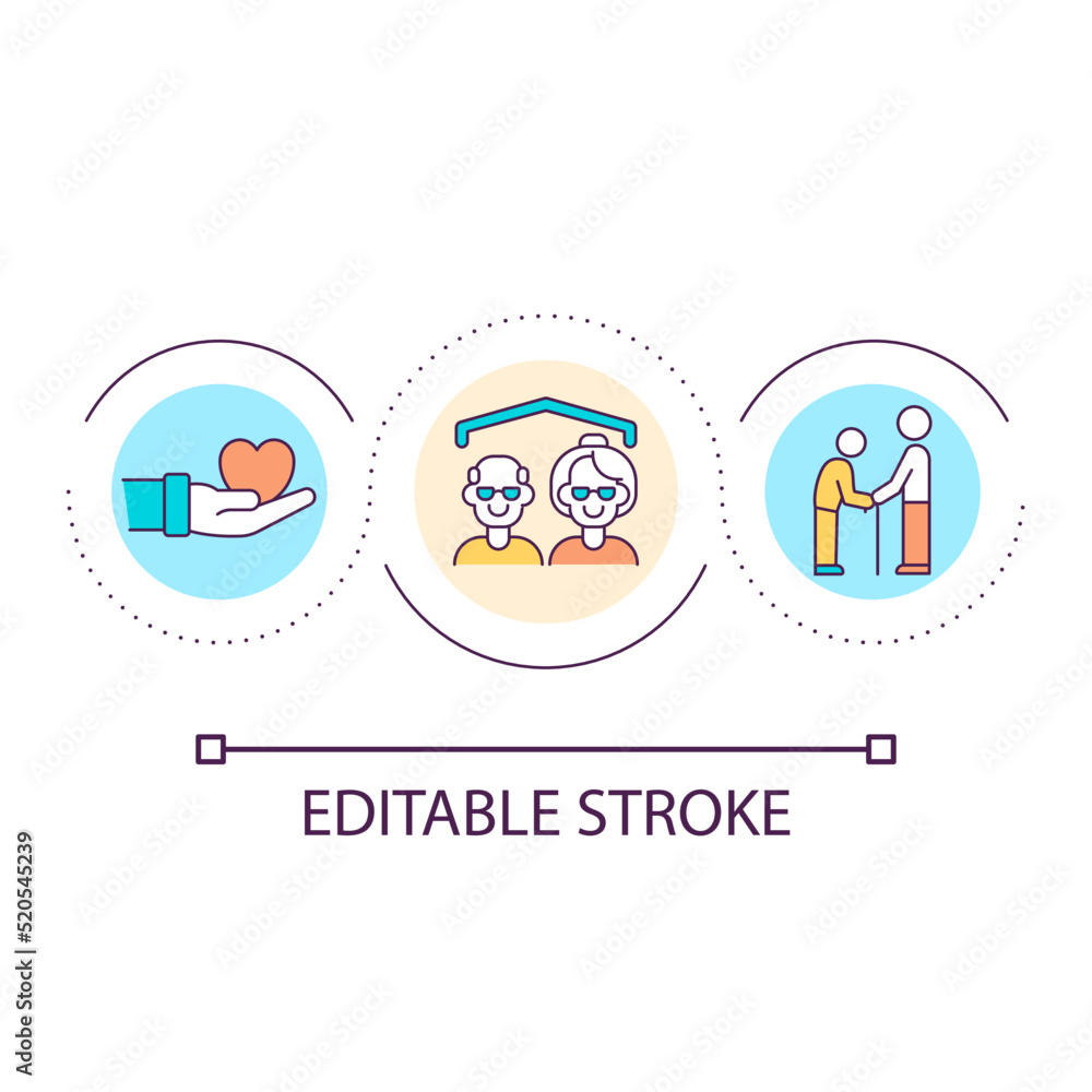 Elderly care service loop concept icon. Social program. Long term medical care. Senior citizens help abstract idea thin line illustration. Isolated outline drawing. Editable stroke. Arial font used Elderly care service loop concept icon. Social program. Long term medical care. Senior citizens help abstract idea thin line illustration. Isolated outline drawing. Editable stroke. Arial font used