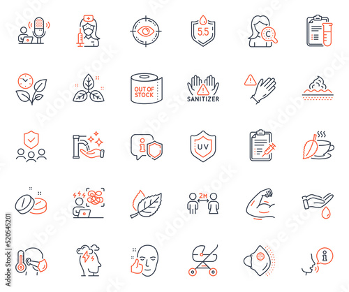 Healthcare icons set. Included icon as Clean hands, Medical tablet and Vaccine report web elements. Medical analyzes, Use gloves, Fair trade icons. Sick man, Stress, Mint tea web signs. Vector