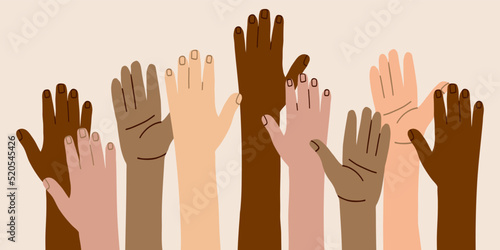 the hands of people of different nationalities. A united community of people of skin color. Cultural and ethnic diversity. Protest and strike. Fighting for your rights. vector illustration
