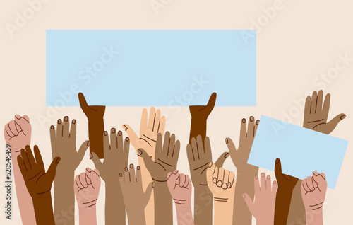 A crowd of people of different nationalities and at a protest. Hands holding empty template of placards and banners. Street demonstration and standing up for their rights. flat vector