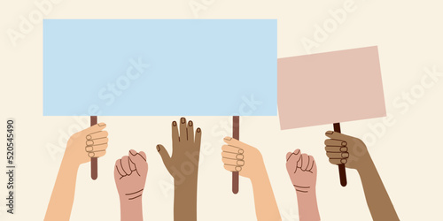 A crowd of people of different nationalities and at a protest. Hands holding empty template of placards and banners. Street demonstration and standing up for their rights. flat vector