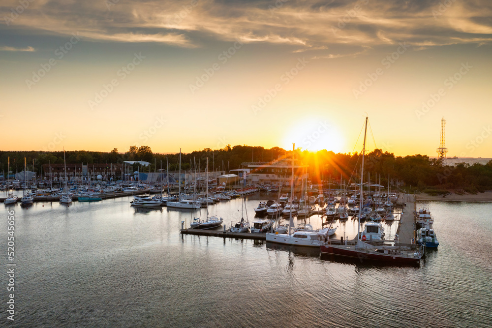 Aerial scenery of the yacht marina by the Baltic Sea in Gdansk, Poland.