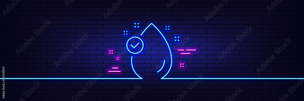 Neon light glow effect. Vitamin E line icon. Oil drop sign. 3d line neon glow icon. Brick wall banner. Vitamin E outline. Vector