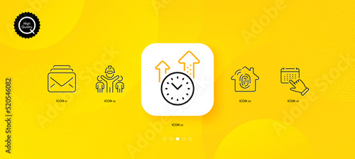 Engineering team, Fingerprint access and Time management minimal line icons. Yellow abstract background. Event click, Mail icons. For web, application, printing. Vector