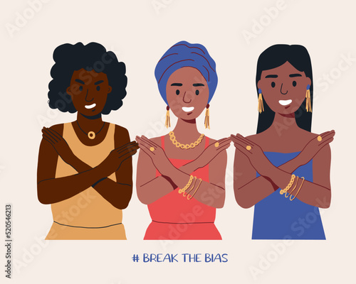 A group of women of different nationalities with their hands crossed. Break The Bias campaign. International Women's Day. Movement against discrimination and stereotypes. Flat vector