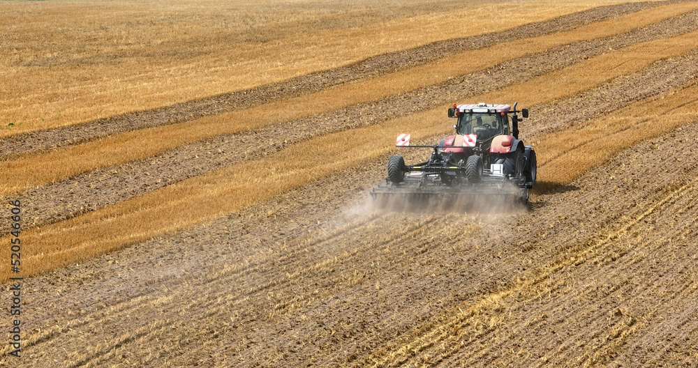 Obraz premium autumn cultivation of the land with red tractor
