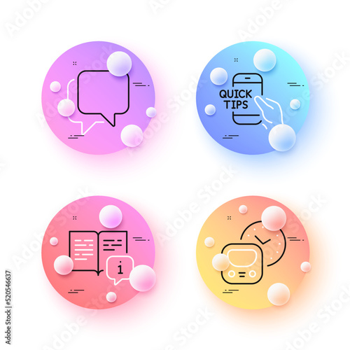 Education, Metro and Manual minimal line icons. 3d spheres or balls buttons. Talk bubble icons. For web, application, printing. Quick tips, Subway timetable, Read book. Chat message. Vector