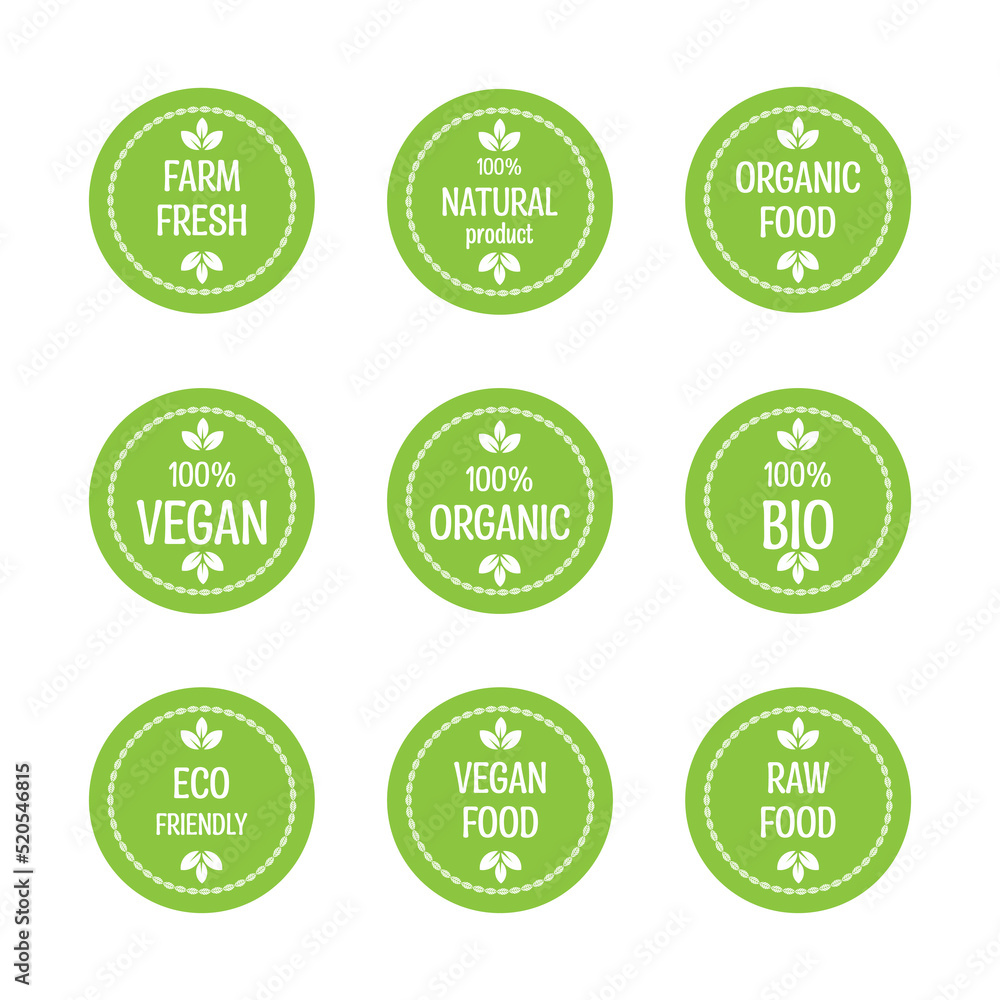 A set of eco, bio, organic, fresh, healthy, 100% natural products stickers. A natural product. A collection of 9 emblems, cafes, badges, tags, packaging. Vector illustration. A set of eco, bio, organic, fresh, healthy, 100% natural products stickers. A natural product. A collection of 9 emblems, cafes, badges, tags, packaging. Vector illustration.