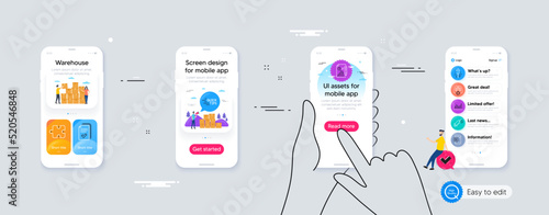 Outline set of Fireworks, Line graph and Handout line icons for web application. Phone ui interface. Include Education, Report document, Puzzle icons. Vector