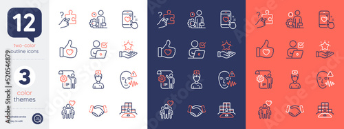Set of Handshake, Inspect and Heart rating line icons. Include Online voting, Doctor, Settings blueprint icons. Friendship, Search puzzle, Inventory web elements. Loyalty program. Vector