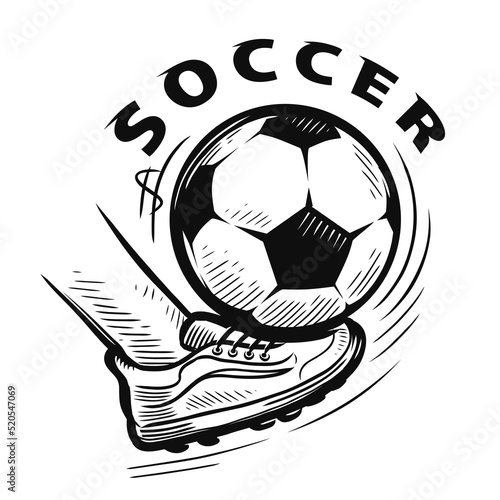 Foot cleat with spikes kicking a soccer ball. Football and soccer sports mascot. Vector sketch illustration
