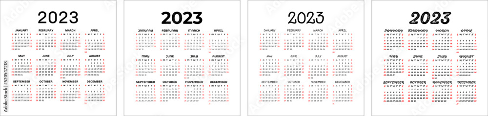 Calendar template 2023 set. Color english square calender collection Calendar template 2023 set. Color english square calender collection
