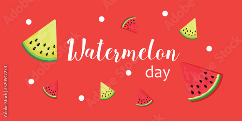 Watermelon Day. the third of August. Leaflet, poster, banner, postcard, brochure design template. Slices of watermelon. The texture of a watermelon with bones. The name of the event. Vector 