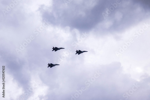 Day of Navy of Russian, naval parade. Naval aviation in sky. Holidays of Russia
