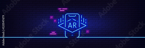 Neon light glow effect. Augmented reality phone line icon. VR simulation sign. 3d view symbol. 3d line neon glow icon. Brick wall banner. Augmented reality outline. Vector
