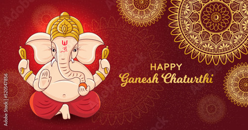 Happy Ganesh Chaturthi horizontal banner. Artistic Hindu Worship Festival graphic. Mandala design Golden Poster Vector illustration. Social media post, website header, greeting card, invite, promotion