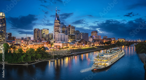 Nashville skyline with river and sunset 