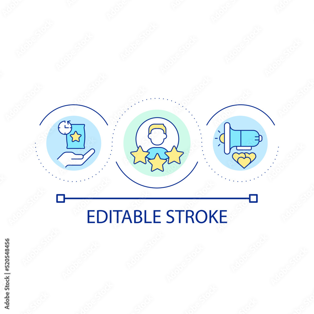 Customer satisfaction rating loop concept icon. Best brand reviews. Brand ambassador abstract idea thin line illustration. Isolated outline drawing. Editable stroke. Arial font used Customer satisfaction rating loop concept icon. Best brand reviews. Brand ambassador abstract idea thin line illustration. Isolated outline drawing. Editable stroke. Arial font used
