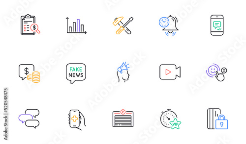 Vip timer, Message and Parking garage line icons for website, printing. Collection of Video camera, Blocked card, Coins icons. Time management, Accounting report, Health app web elements. Vector