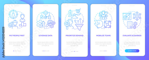 Supply chain priorities blue gradient onboarding mobile app screen. Management walkthrough 5 steps graphic instructions with linear concepts. UI, UX, GUI template. Myriad Pro-Bold, Regular fonts used
